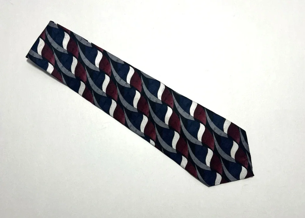 Oscar de la Renta Mens Silk Tie Navy Burgundy Silver White Abstract Wave Pattern